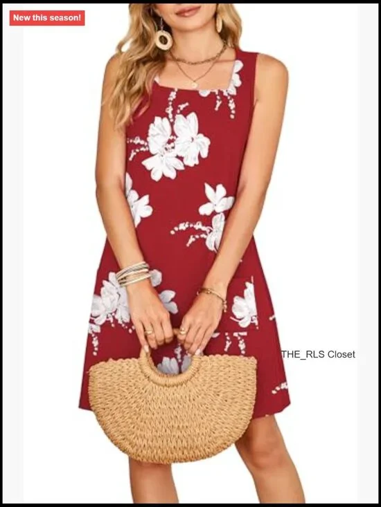 Square Neck Sleeveless Swing Sundress with Pockets, Loose Fit - Picture 3 of 7